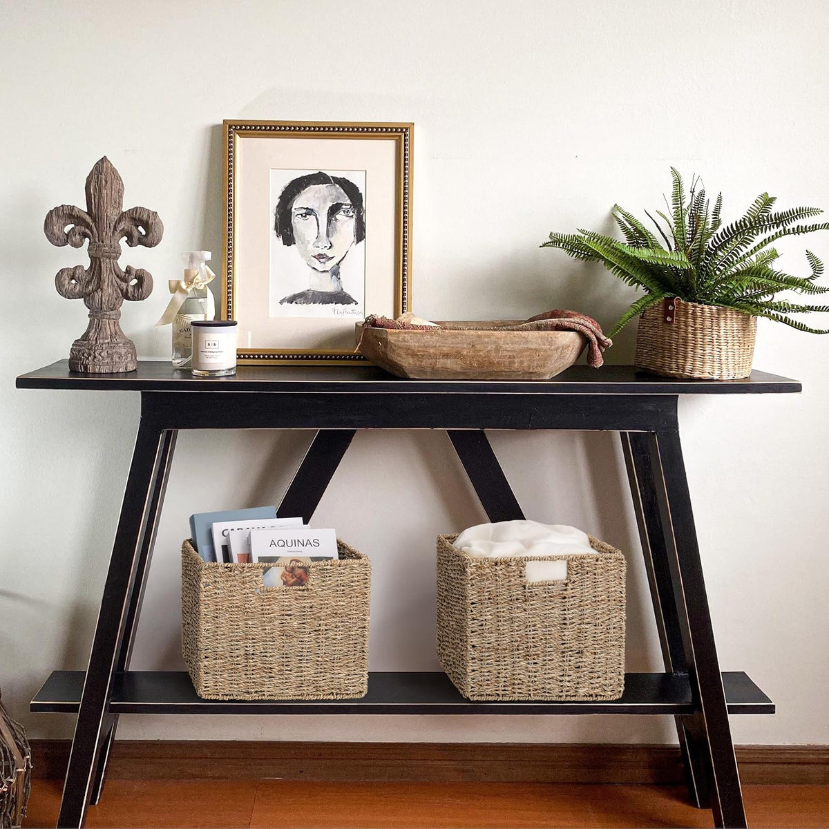 12x12x10in Water Hyacinth Storage Basket Large, Folding Cube Woven Wicker Storage Basket for Shelves, Pantry Baskets Organization and Storage, Kitchen Storage Baskets, Large Rattan Basket Set of 3