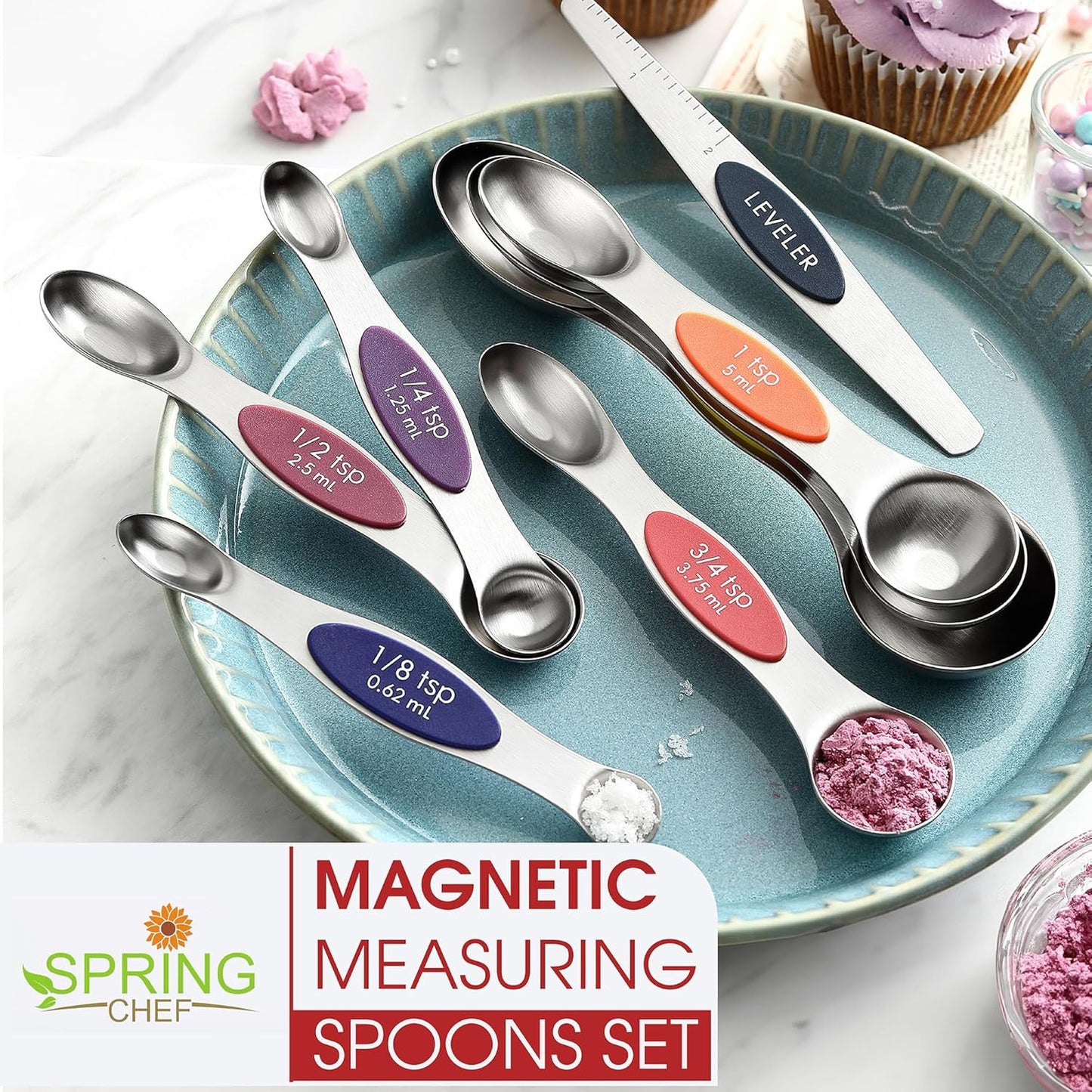 Spring Chef Stainless Steel Magnetic Measuring Spoons Set with Strong N45 Magnets, Heavy Duty Metal Kitchen Gadgets for Baking & Cooking, Fits in Most Kitchen Spice Jars, Set of 8 with Leveler, Black