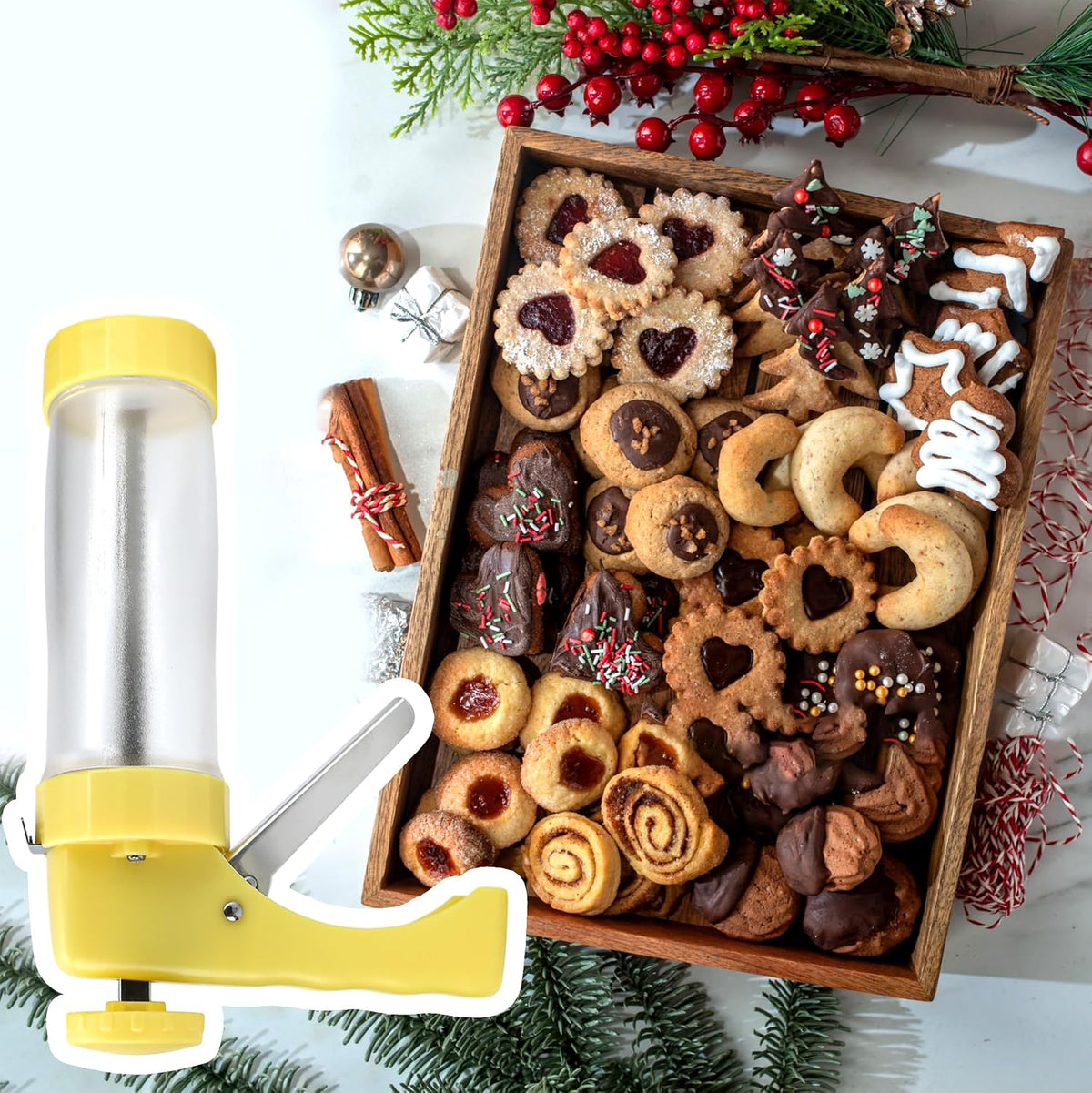 Cookie Press Gun Kit – Cookie Spritzer Set with 16 Discs and 6 Piping Tips for Baking, Cake Icing Nozzle, Deviled Egg Filler, Donut Decorating, Stainless Steel Food Syringe, Extruder, Injector