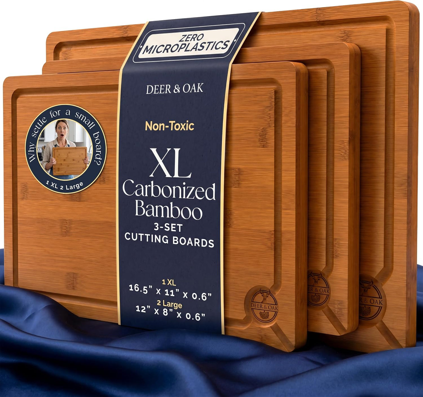 Pre-Oiled, Non Toxic 3-Piece Carbonized Bamboo Cutting Board Set, 500°F Carbonized Technology Eco-Friendly Wooden Chopping Boards for Kitchen with Juice Groove, Charcuterie Serving Boards Deer & Oak