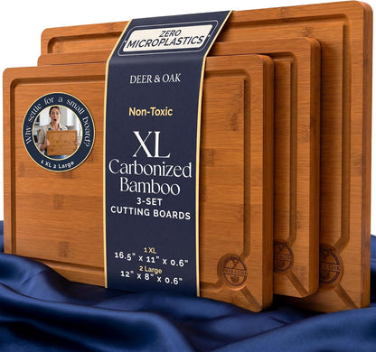 Pre-Oiled, Non Toxic 3-Piece Carbonized Bamboo Cutting Board Set, 500°F Carbonized Technology Eco-Friendly Wooden Chopping Boards for Kitchen with Juice Groove, Charcuterie Serving Boards Deer & Oak