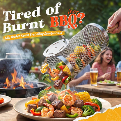 Rolling Grill Basket 2-Pack,304 Stainless Steel Grill Basket with Removable Wooden Handle,BBQ Tool & Smoker Accessory for Grill Rotisseries Veg & Shrimp,Ideal for Outdoor Cooking,Camping & Gifts for Dad/Husband/Men