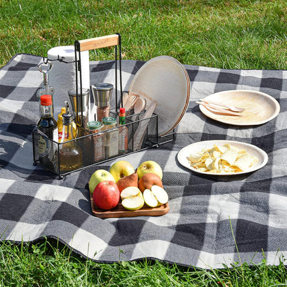 OMAIA BBQ and Grill Caddy with Paper Towel Holder, Wood Handle & 2 Hooks – Camper Accessories Condiment Caddy – Plates, Cutlery and BBQ Organizer for Camping Outdoor, RV - US Patent Pending