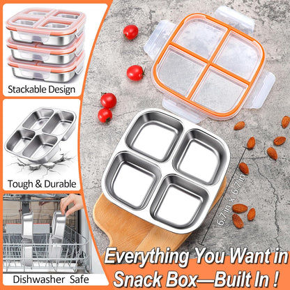KTKUDY 3 Pack Stainless Steel Snack Containers - Divided Bento Snack Box - 4 Compartment Meal Prep Lunch Containers for Kids Daycare, School, Work, Travel