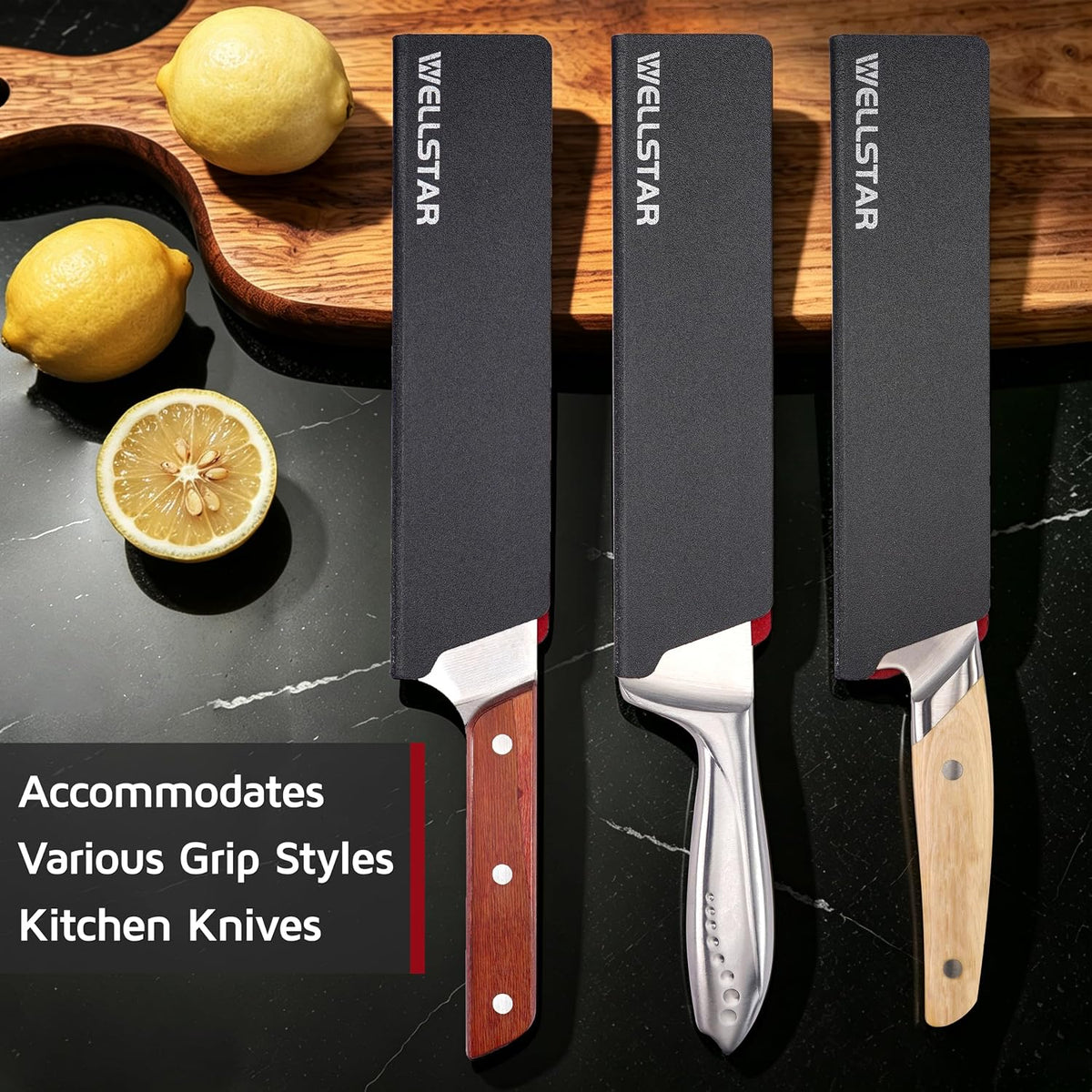 WELLSTAR Knife Edge Guards 8 Inch, Universal Blade Covers, BPA Free ABS Protective Blade Sheaths, Non-Scratch Felt Lining Kitchen Knives Covers (Knives not included)