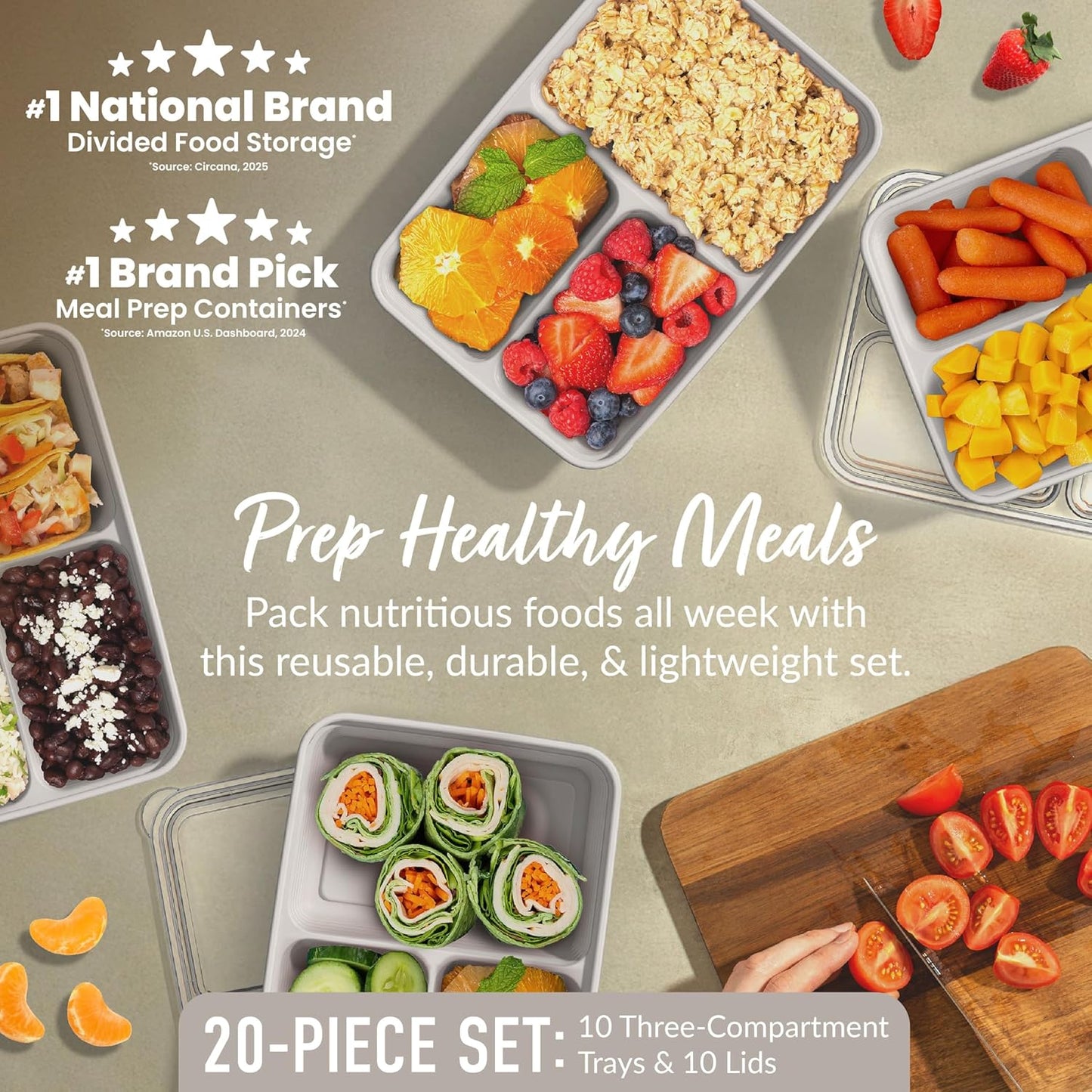 Bentgo Prep - 20-Piece 3-Compartment Reusable Meal Prep Containers with Lids, PFAS & BPA Free Materials, Durable, Microwave, Freezer, & Dishwasher Safe To Go Food Storage (Stone Gray)
