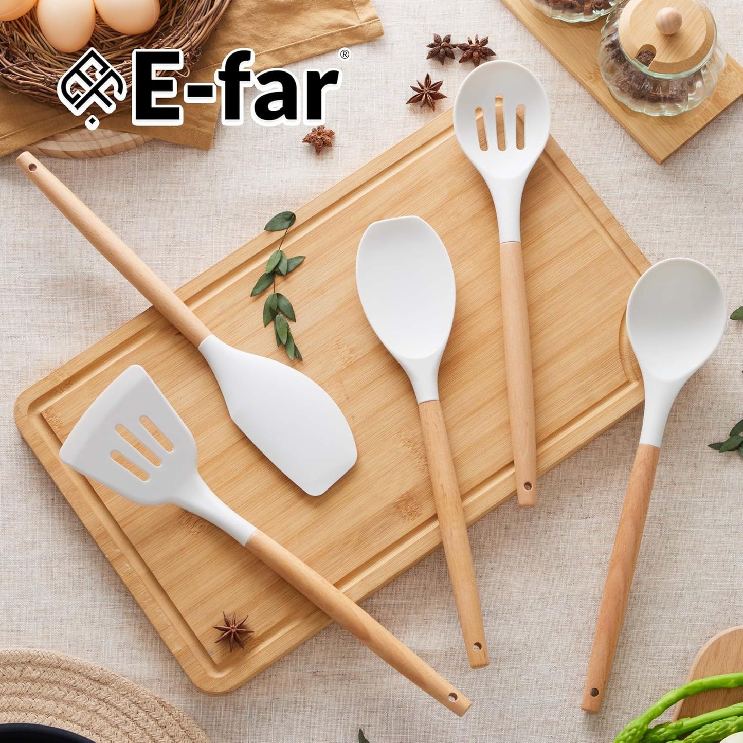 E-far Silicone Cooking Utensils Set, 5-Piece Kitchen Utensils Set with Wooden Handle for Cooking, Silicone Kitchen Nonstick Tools Spatula Turner Slotted Spoons, Nontoxic & Heat Resistant-Khaki
