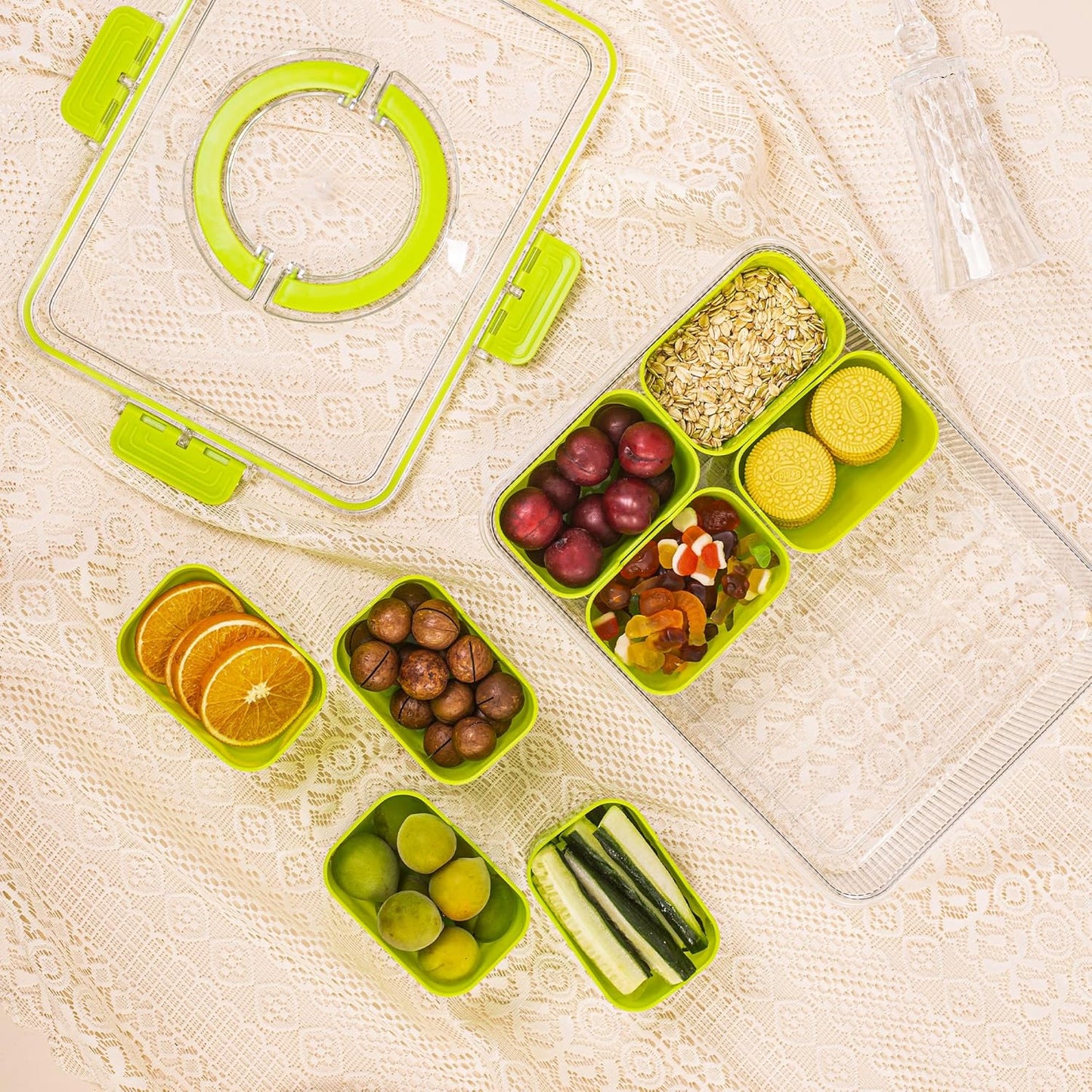 Patent Divided Serving Tray with Lid & Handle - Snackle Box Organizer for Charcuterie, Sandwiches, Veggies, Fruits, Candy - Portable Food Storage for Travel, Beach, Picnics（1 pcs, Orange）