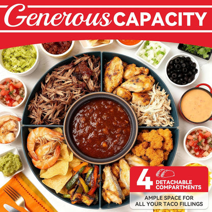 SugarWhisk Lazy Susan Taco Bar & Condiment Containers with Lids, 4 Taco Holders for Taco Tuesday Kit, Fondue Pot for Taco Bell Sauce, Burritos, Nachos, and Fajitas, Brown