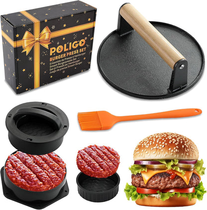POLIGO Smash Burger Press Kit - 4 in 1 Hamburger Patty Storage Containers, 6.69" Cast Iron Smash Bacon Press - Non Stick Smash Burger Press Set for Grill and Griddle Cooking, Black Round