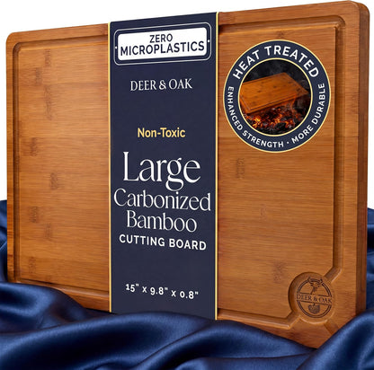 Pre-Oiled, Non Toxic 3-Piece Carbonized Bamboo Cutting Board Set, 500°F Carbonized Technology Eco-Friendly Wooden Chopping Boards for Kitchen with Juice Groove, Charcuterie Serving Boards Deer & Oak