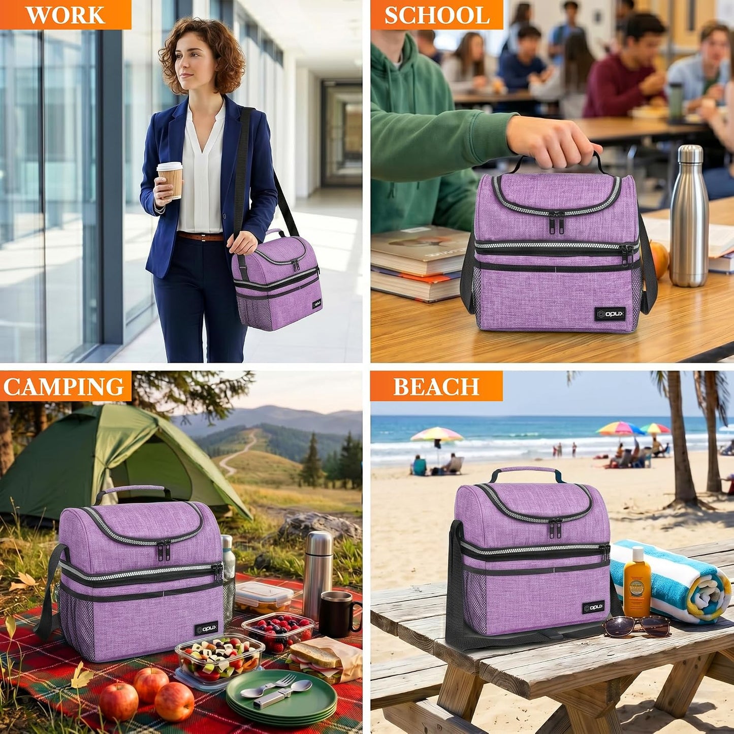 opux Insulated Lunch Bag for Men Women, Double Decker Leakproof Lunch Box Cooler Tote with Shoulder Strap, Large Lunchbox for Work School Travel Meal Prep, Adults Kids Boys Girls, Green, 16 Cans