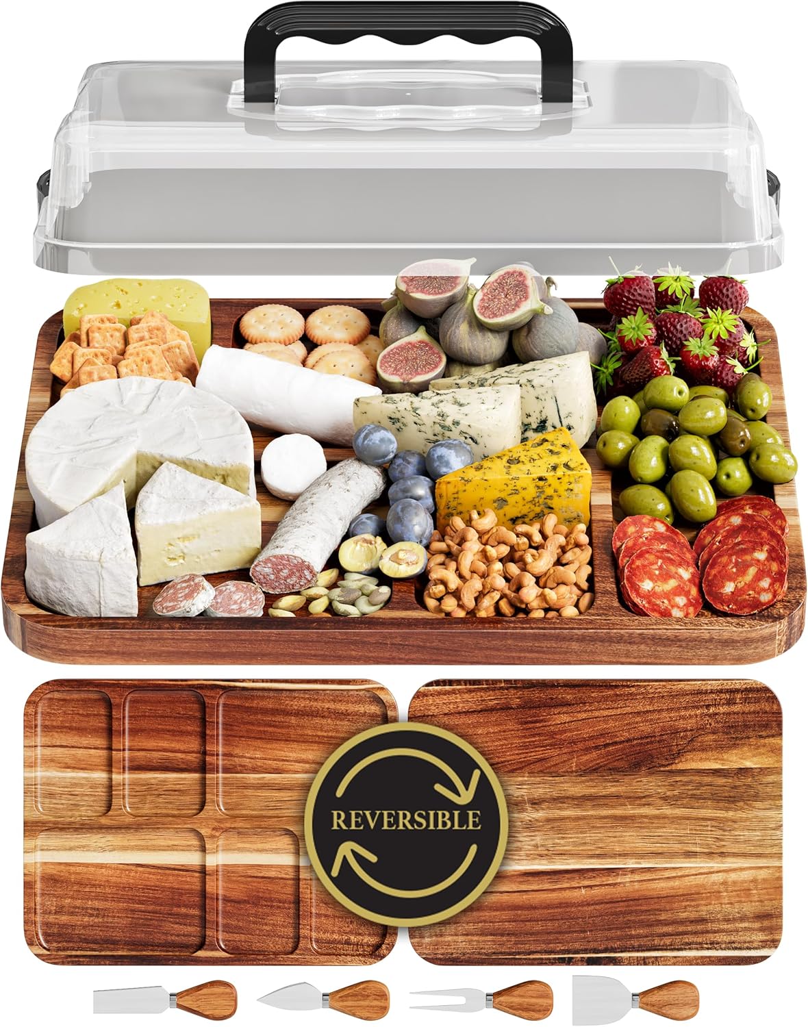 Charcuterie Board with Lid - Reversible, 2-in-1 Travel Portable Cheese Board for Picnics & Entertaining - Housewarming Gift Set Idea - Covered Snack Serving Tray - Large Food Platter