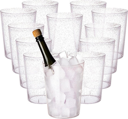 Tiawudi 12 Pack Plastic Ice Bucket For Parties, Silver Glitter Clear Wine Cooler for Wedding, Good as One Large Champagne Chiller Or Classic Wine Bottle Chiller