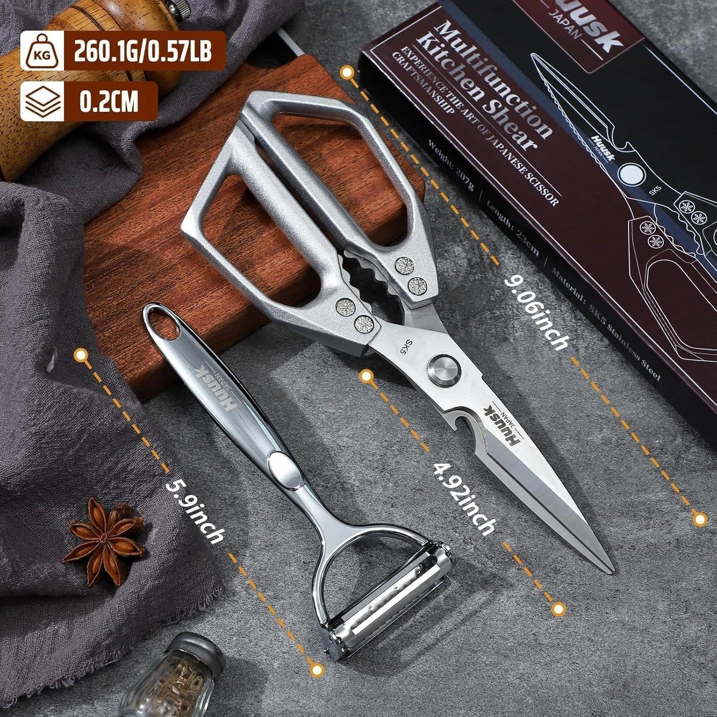 HUUSK Kitchen Scissors All Purpose - Stainless Steel Kitchen Shear, Sharp Silver Meat Scissors Dishwasher Safe, Heavy Duty Poultry Shears, Japanese Cooking Scissor for Food, Christmas Gifts for Women