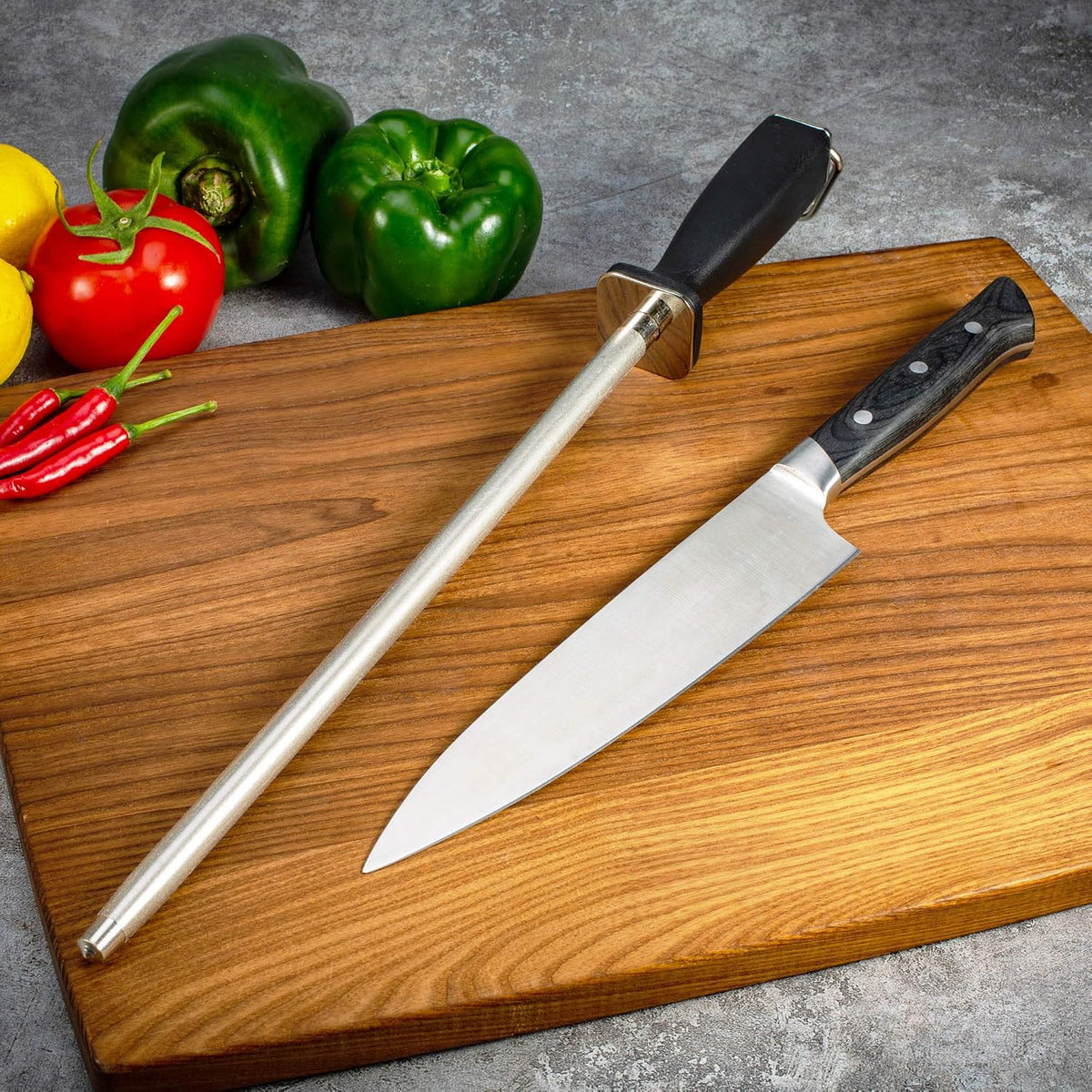 12-Inch Knife Sharpening Rod, Fine Carbon Honing Steel, Black Handle