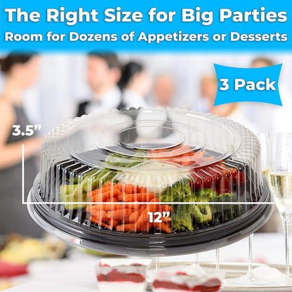 Avant Grub Heavy Duty, Recyclable 12 in. Serving Tray and Lid 5pk. Large, Black Plastic Party Platters with Clear Lids Dishware Plate, Elegant Round Banquet or Catering Trays for Serving Appetizers