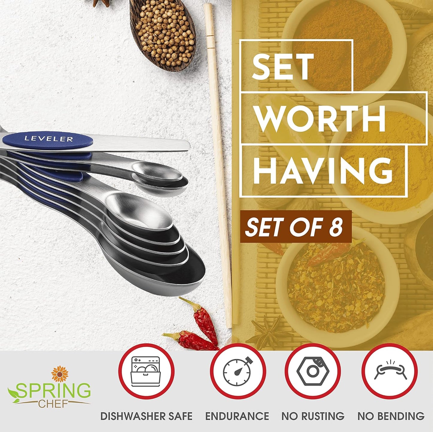 Spring Chef Stainless Steel Magnetic Measuring Spoons Set with Strong N45 Magnets, Heavy Duty Metal Kitchen Gadgets for Baking & Cooking, Fits in Most Kitchen Spice Jars, Set of 8 with Leveler, Black