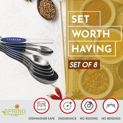 Spring Chef Stainless Steel Magnetic Measuring Spoons Set with Strong N45 Magnets, Heavy Duty Metal Kitchen Gadgets for Baking & Cooking, Fits in Most Kitchen Spice Jars, Set of 8 with Leveler, Black