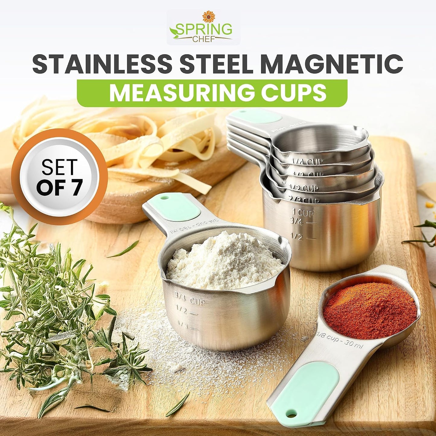 Spring Chef Stainless Steel Measuring Cups Set of 7 with Pour Spout - Nesting Kitchen Tools with Easy Read Markings to Measure Dry or Liquid Ingredients - Metal Measuring Cups for Baking & Cooking