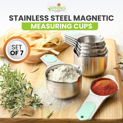 Spring Chef Stainless Steel Measuring Cups Set of 7 with Pour Spout - Nesting Kitchen Tools with Easy Read Markings to Measure Dry or Liquid Ingredients - Metal Measuring Cups for Baking & Cooking