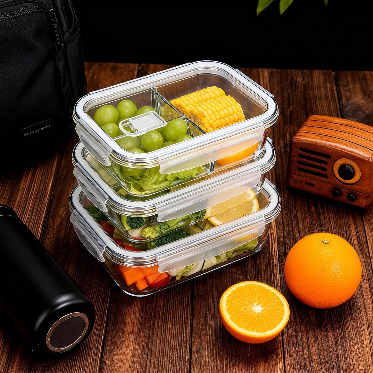 Glass Meal Prep Containers 5 Pack - Lunch Boxes with Leakproof Lids, Food Storage Containers, Bento Boxes, Gray (3 Compartment)
