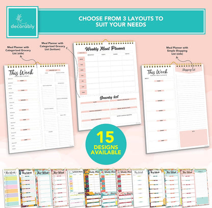 Decorably 52 Sheets Pastel Undated Magnetic Weekly Meal Planner and Grocery List Notepad with 4 Strong Magnets - 8.5x11in Spring-Bound, Refrigerator Mountable, Easy Tear-Off Design