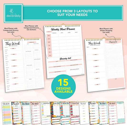 Decorably 52 Sheets Pastel Undated Magnetic Weekly Meal Planner and Grocery List Notepad with 4 Strong Magnets - 8.5x11in Spring-Bound, Refrigerator Mountable, Easy Tear-Off Design