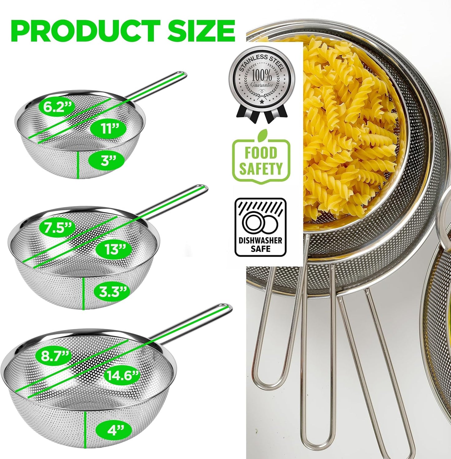 Premium 18/8 304 Stainless Steel Micro-Perforated Small and Big Colander Set of 4 with rings - 3.5-5.5-7.5-9.5 Quart Set, Self-Draining Solid Base for Pasta, Fruits, Vegetables