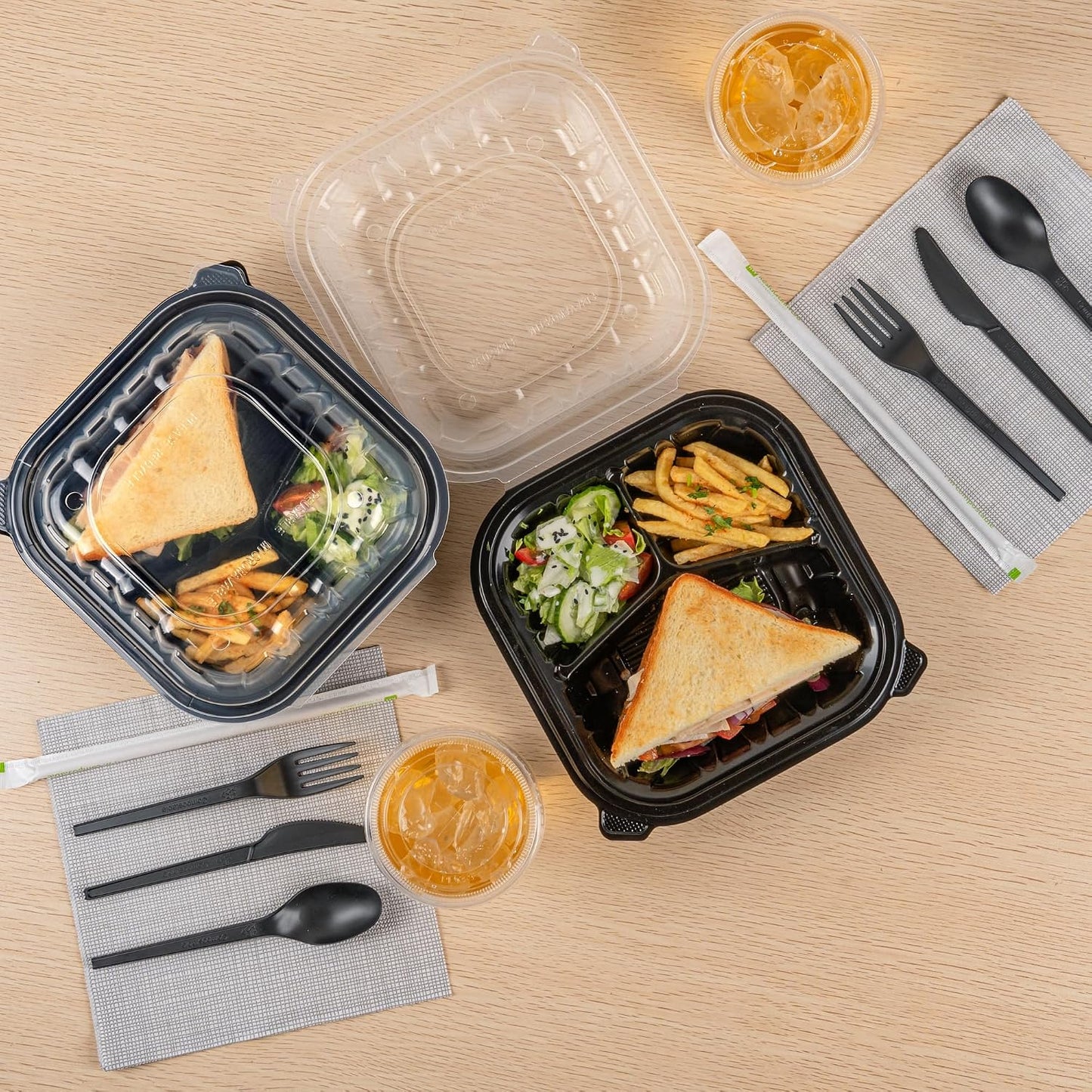 Thermo Tek 40 Ounce Clamshell Containers, 50 Disposable Take Out Boxes - 3 Compartments, Ventilated Lids, Black Plastic Meal Prep Containers, Microwavable, For Pasta Or Salads - Restaurantware
