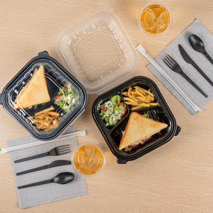 Thermo Tek 40 Ounce Clamshell Containers, 50 Disposable Take Out Boxes - 3 Compartments, Ventilated Lids, Black Plastic Meal Prep Containers, Microwavable, For Pasta Or Salads - Restaurantware