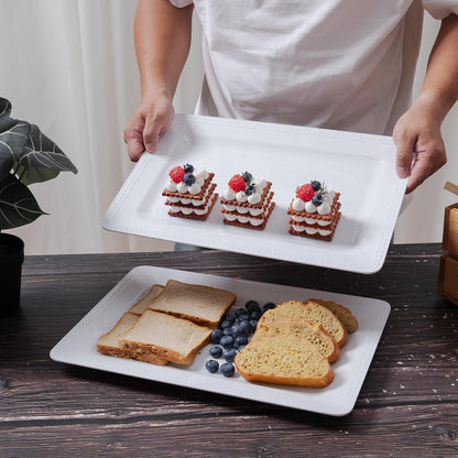 Melamine Large Serving Platter Set for Party Supplies,16"x11" Platters for Serving Food, 2pcs White reusable Serving Tray for Cookie, Fruit, Snack,Party Food Display,Stackable Kitchen CounterTop Tray