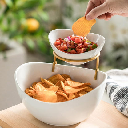 YHOSSEUN Chip and Dip Serving Set, 2 Tierd Serving Bowl Set Ceramic Chip and Dip Bowls with Stand, Serving Dishes for Entertaining Appetizer Serving Food Display Stand for Parties