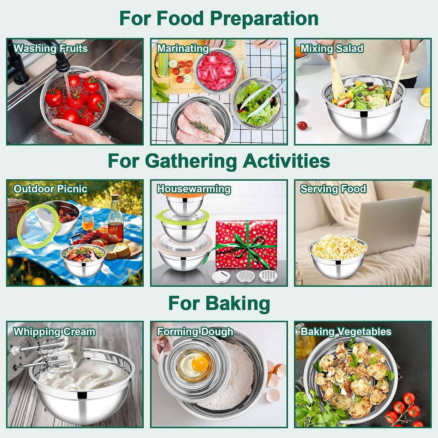 E-far Mixing Bowls Set of 5, Stainless Steel Salad Mixing Bowl with Transparent Lid, Metal Nesting Bowl Attach with 3 Graters for Kitchen Prepping/Serving/Baking/Storage, 4.6/2.6/1.5/1/0.7 QT - Black