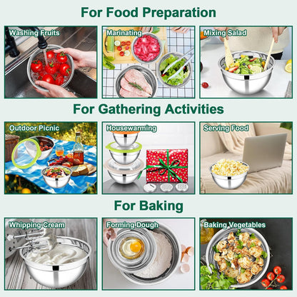 E-far Mixing Bowls Set of 5, Stainless Steel Salad Mixing Bowl with Transparent Lid, Metal Nesting Bowl Attach with 3 Graters for Kitchen Prepping/Serving/Baking/Storage, 4.6/2.6/1.5/1/0.7 QT - Black