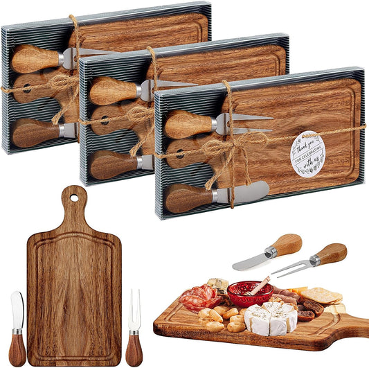 Ziliny 12 Set Bridal Baby Shower Cheese Prizes Wooden Square Board Gift Set Knives Forks Thank You Tags with Box for Guests for Valentines Bridal Baby Shower Housewarming Gifts (Bamboo Color)