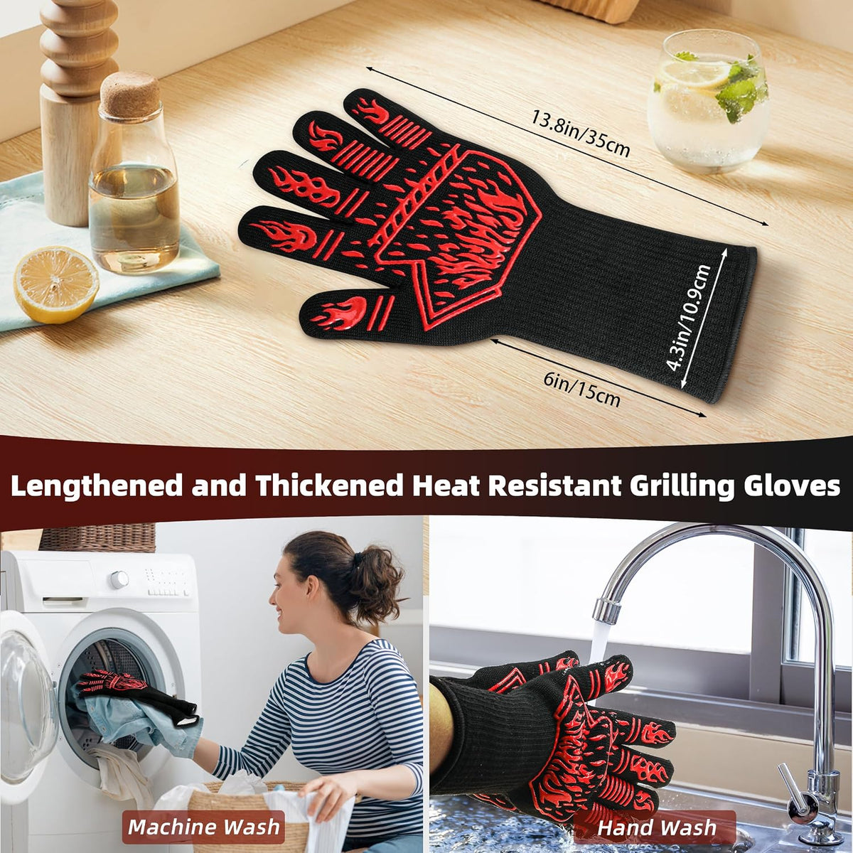BBQ Gloves 1472F Heat Resistant Anti Slip Long with 2 Hooks