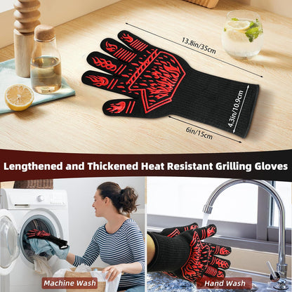 BBQ Gloves 1472F Heat Resistant Anti Slip Long with 2 Hooks
