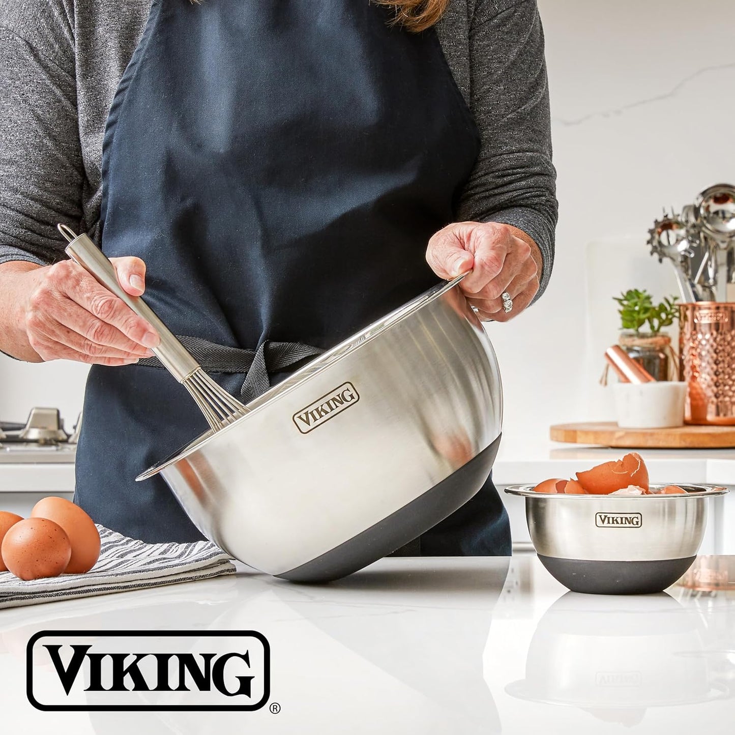 Viking Mixing Bowls Set, 10 Piece Stainless Steel Kitchen Cookware, Non-Slip Silicone Base, Includes Tight Fit Lids, Dishwasher Safe, Grey