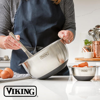 Viking Mixing Bowls Set, 10 Piece Stainless Steel Kitchen Cookware, Non-Slip Silicone Base, Includes Tight Fit Lids, Dishwasher Safe, Grey