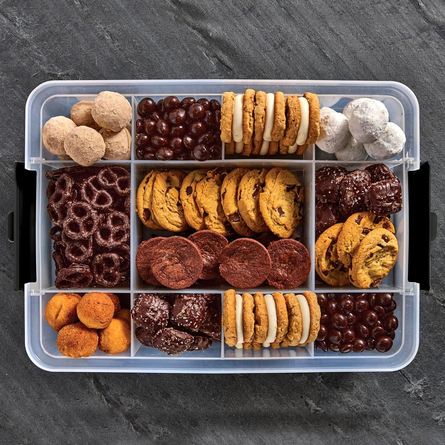 Farberware Small Build-a-Board Snacklebox with Locking Plastic Cutting Board Lid, Portable Charcuterie Storage with 7 Compartments