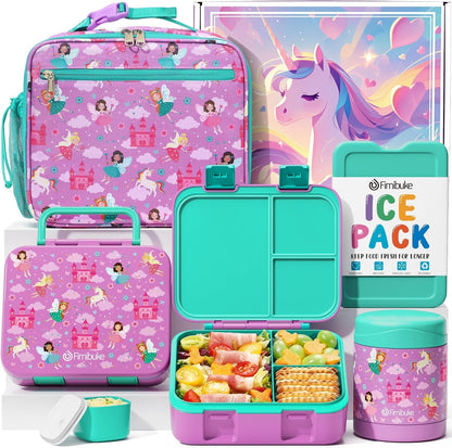Fimibuke Bento Lunch Box for Kids with Food Jar, 3-Compartment 32OZ Snack Lunch Container, Lunch Bag, 12OZ Insulated Food Jar & Ice Pack Set for Age 3-12 School Daycare Toddler Teen Girls Boy, Fairies