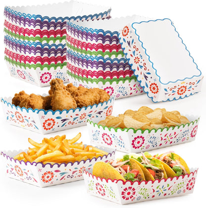 Mexican Taco Nights Food Trays - 60Pcs Mexican Flowers Wavy Edge Unassembled Tray Nacho Snack Candy Holder Disposable Paper Plate Holiday Birthday Carnival Party Supplies Food Container