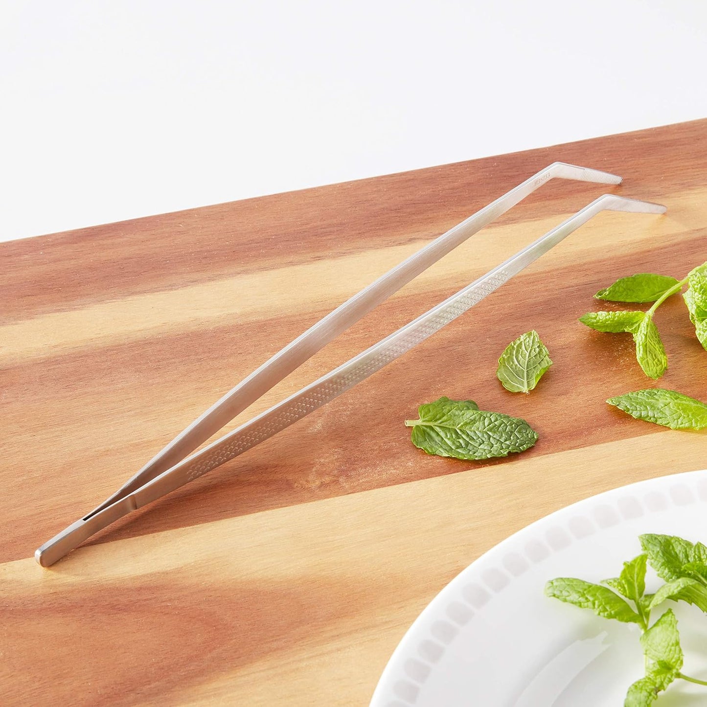 Mercer Culinary 18-8 Stainless Steel Chef Plating Tongs, Offset Tip, 6-1/2 Inch