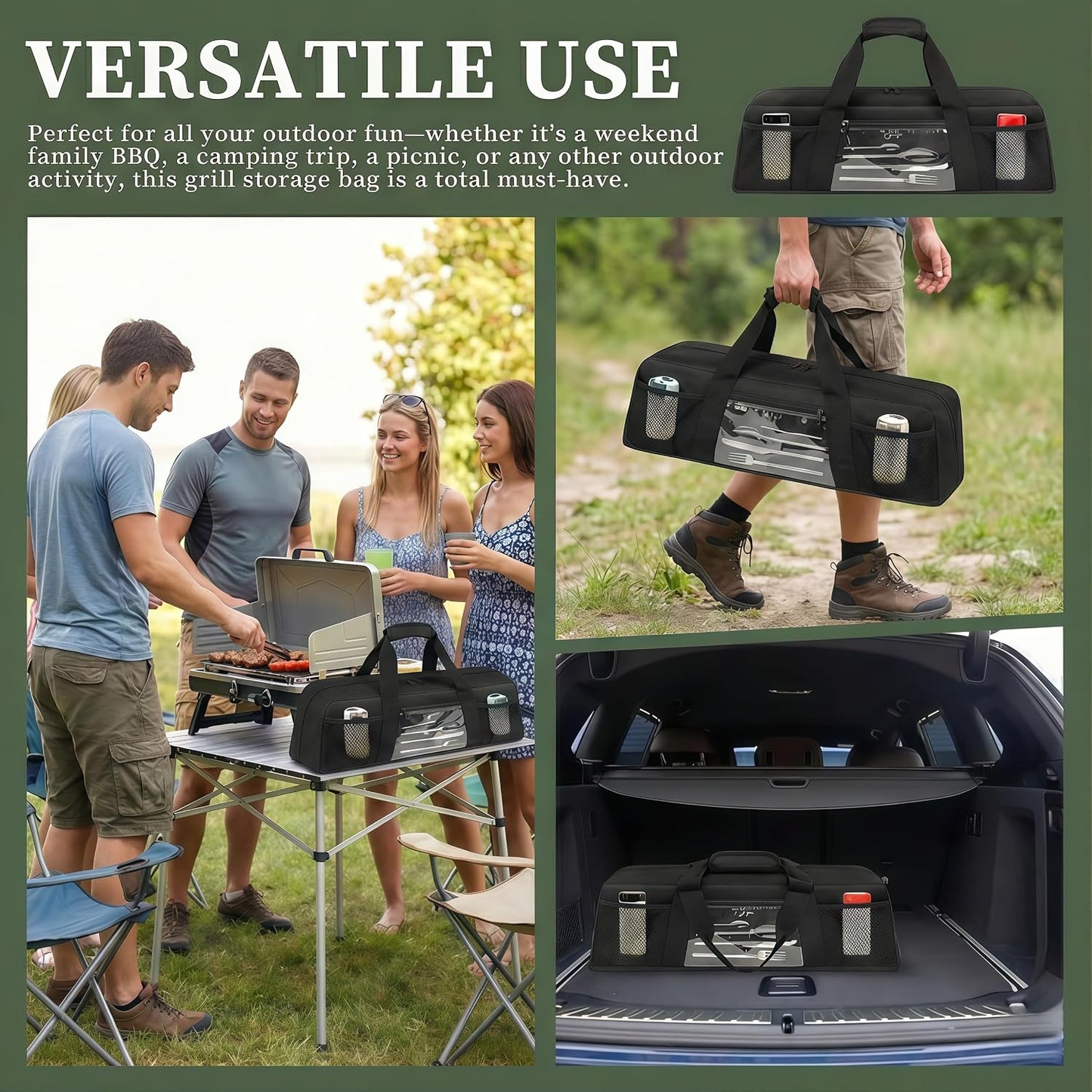 Grill Utensil Storage Bag, Large Grill Tool Storage Caddy with Pockets, BBQ Outdoor Tool Storage Bag for Grilling, Camping, Picnic Accessories (22" L×6.5" W×7.2" H, Bag Only)