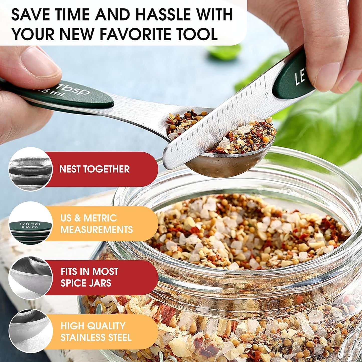 Spring Chef Stainless Steel Magnetic Measuring Spoons Set with Strong N45 Magnets, Heavy Duty Metal Kitchen Gadgets for Baking & Cooking, Fits in Most Kitchen Spice Jars, Set of 8 with Leveler, Black