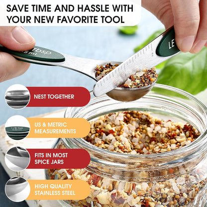 Spring Chef Stainless Steel Magnetic Measuring Spoons Set with Strong N45 Magnets, Heavy Duty Metal Kitchen Gadgets for Baking & Cooking, Fits in Most Kitchen Spice Jars, Set of 8 with Leveler, Black