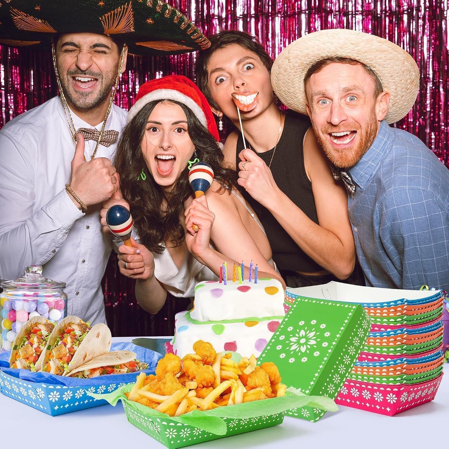 Mexican Taco Nights Food Trays - 120P Mexican Wax Paper Deli Trays Nacho Popcorn Grease Proof Container Unassembled Disposable Carnival Party Supplies Concession Stand Food Containers