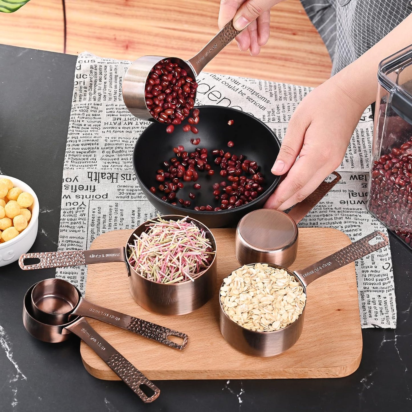 Copper Measuring Cups and Spoons Set 14, Stainless Steel Measuring Cups and Spoons set, Metal 6 Measure Cup and 7 Measure Spoon with 1 Leveler for Kitchen & Baking