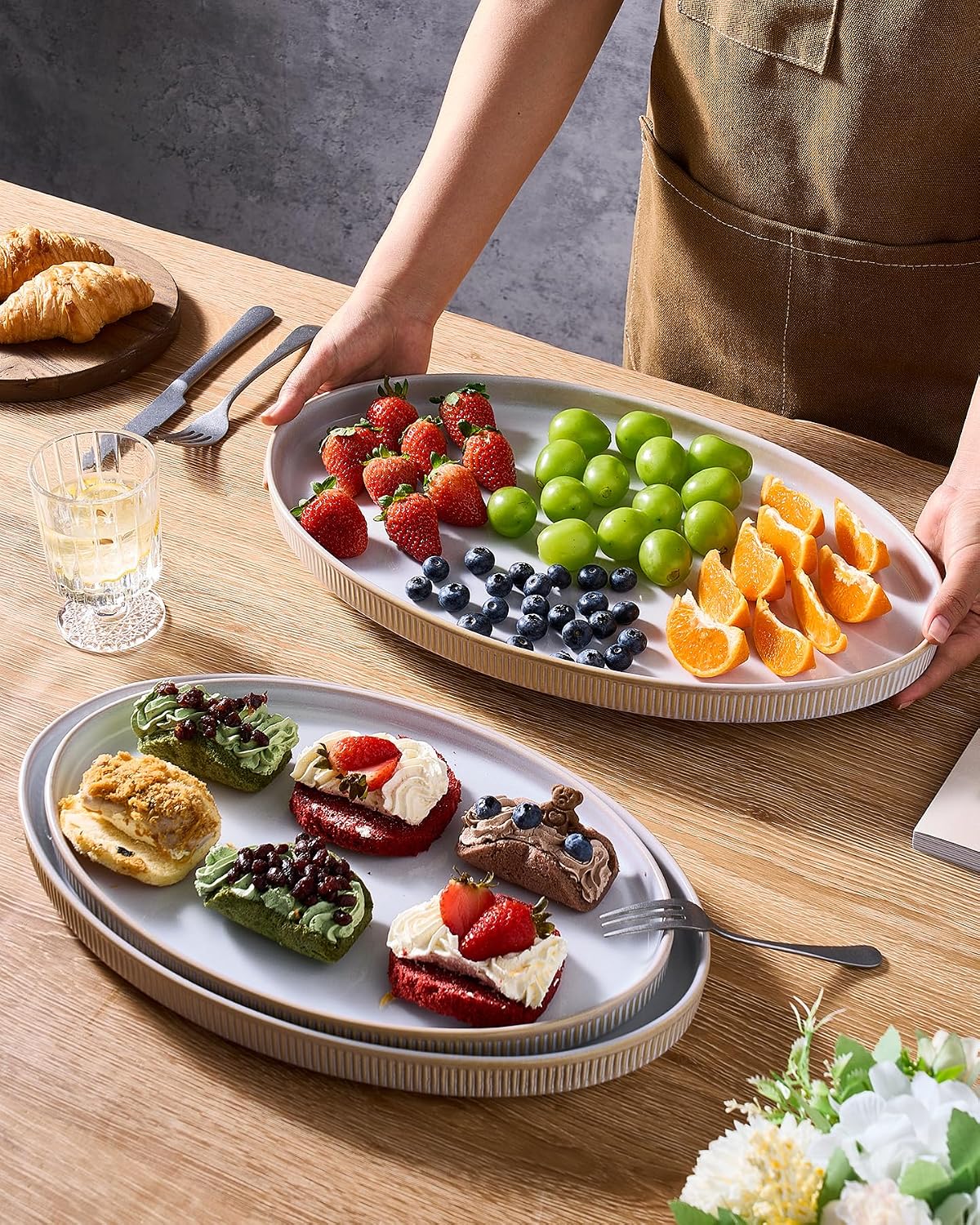 famiware Serving Platter, 16/14.6/12.9 Inch Serving Dishes for Entertaining, Party Serving Trays for Food, Buffet Oval Platters for Food, Large Plates for Bread Turkey Cheese Appetizer, Matte White